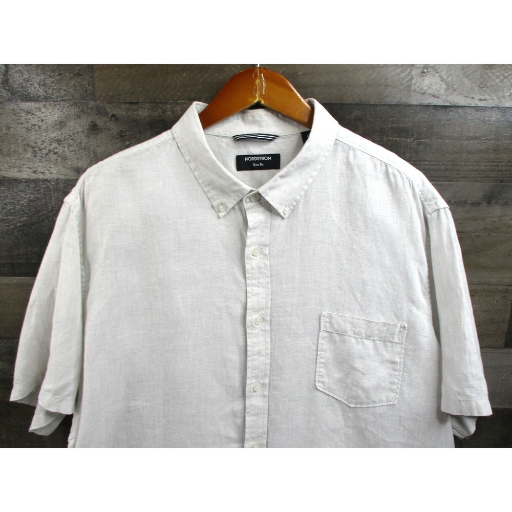 Nordstrom Shirt Mens 2XL Gray Linen Short Sleeve Button Down Trim Fit NO449317MN